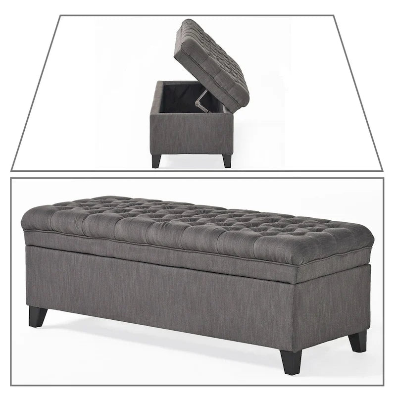 Panca contenitore classica ed elegante rivestita in tessuto con seduta decorata a bottoni capitonné