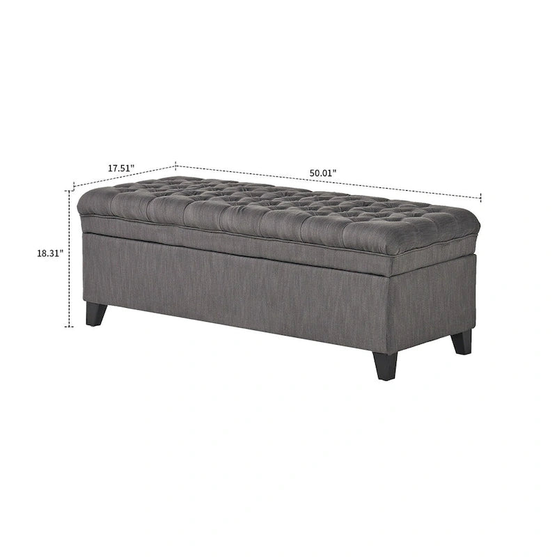 Panca contenitore classica ed elegante rivestita in tessuto con seduta decorata a bottoni capitonné