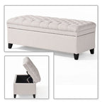 Panca contenitore classica ed elegante rivestita in tessuto con seduta decorata a bottoni capitonné