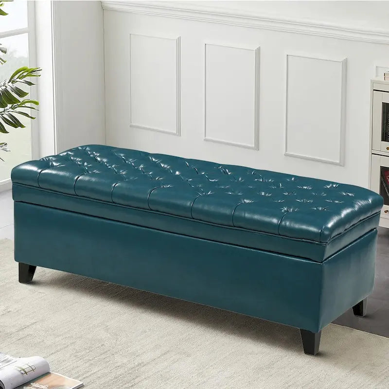 Panca contenitore classica ed elegante rivestita in tessuto con seduta decorata a bottoni capitonné