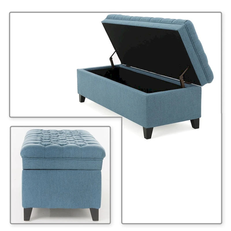 Panca contenitore classica ed elegante rivestita in tessuto con seduta decorata a bottoni capitonné