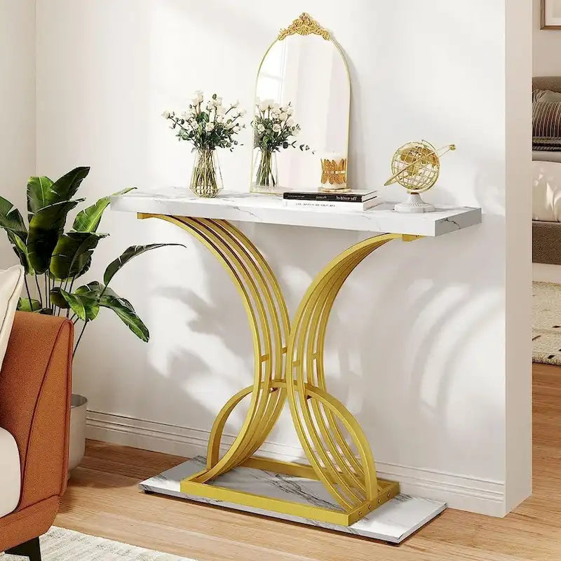 Moasis 39 Tavolo Consolle Moderno in Finto Marmo con Base Dorata, Tavolino da Divano per Ingresso Soggiorno
