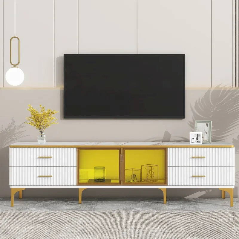 Meuble TV avec vitrine, pieds et poignées dorés