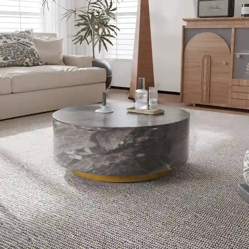 Tavolino da salotto rotondo moderno in finto marmo con 2 cassetti, completamente assemblato