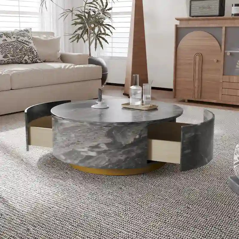 Tavolino da salotto rotondo moderno in finto marmo con 2 cassetti, completamente assemblato