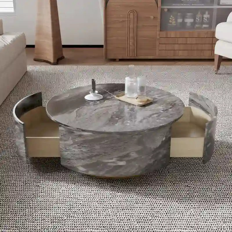 Tavolino da salotto rotondo moderno in finto marmo con 2 cassetti, completamente assemblato