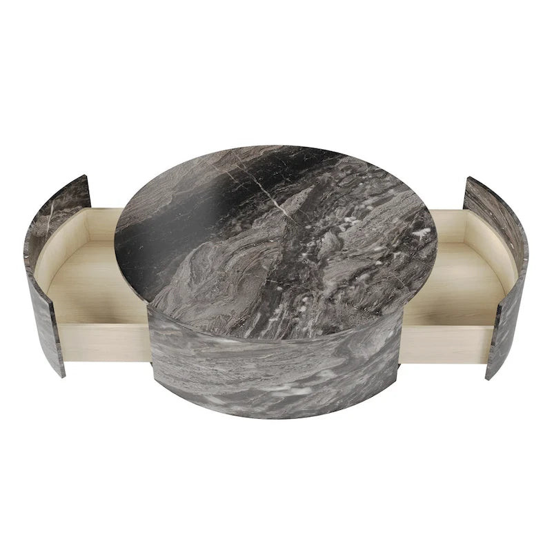 Tavolino da salotto rotondo moderno in finto marmo con 2 cassetti, completamente assemblato