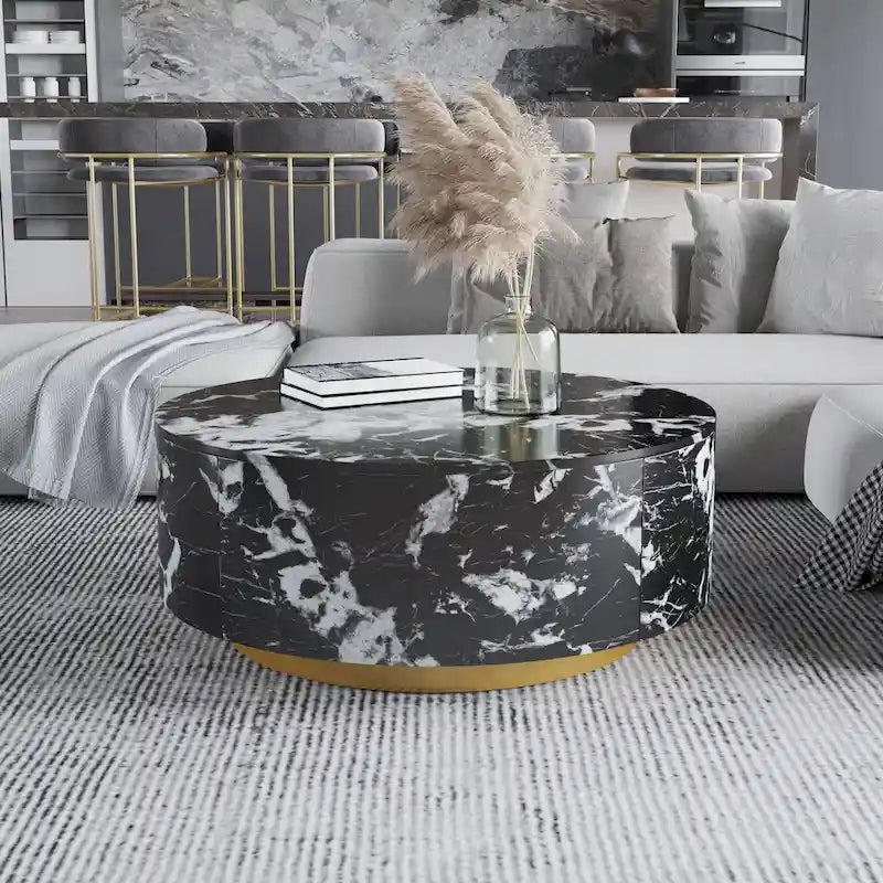 Tavolino da salotto rotondo moderno in finto marmo con 2 cassetti, completamente assemblato