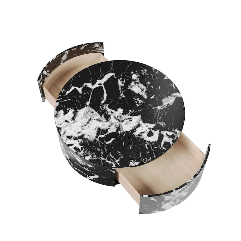 Tavolino da salotto rotondo moderno in finto marmo con 2 cassetti, completamente assemblato