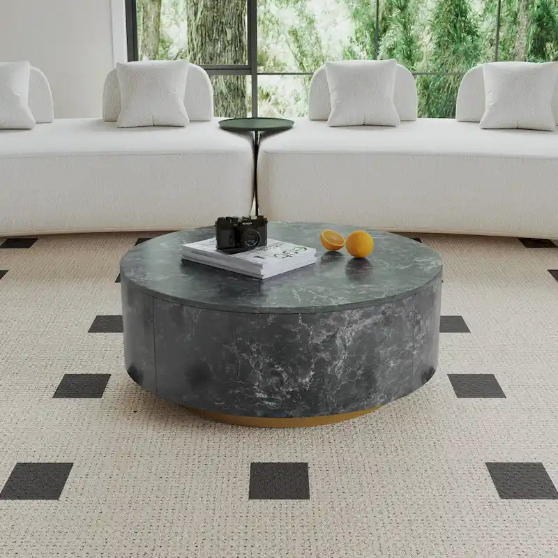Tavolino da salotto rotondo moderno in finto marmo con 2 cassetti, completamente assemblato