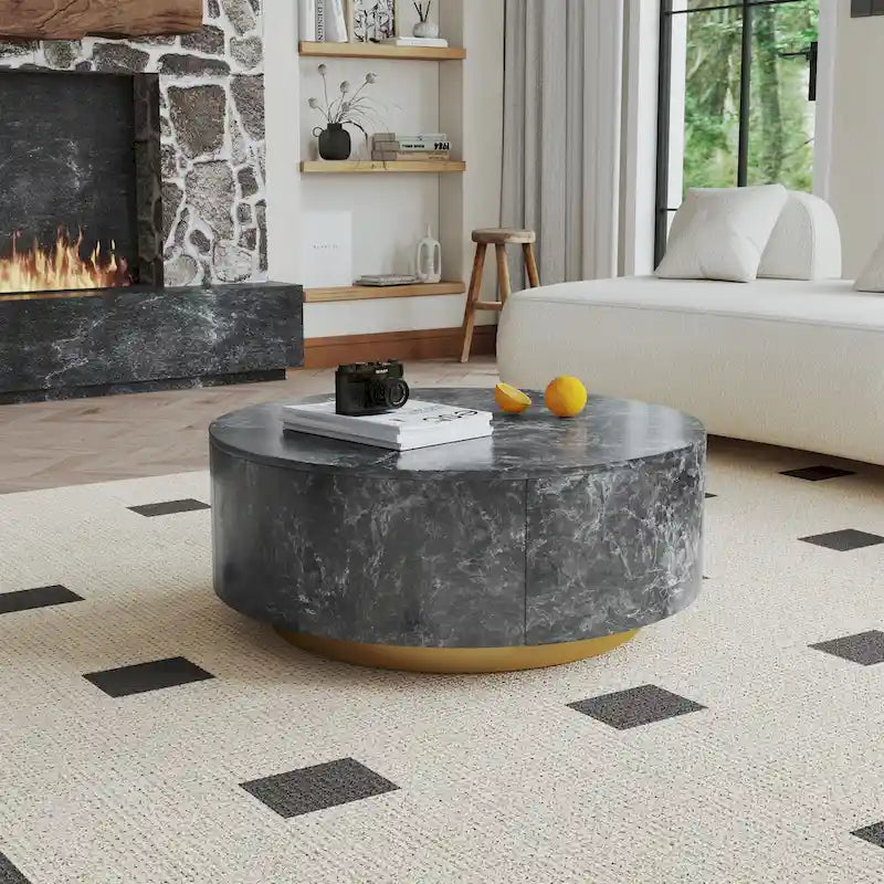 Tavolino da salotto rotondo moderno in finto marmo con 2 cassetti, completamente assemblato