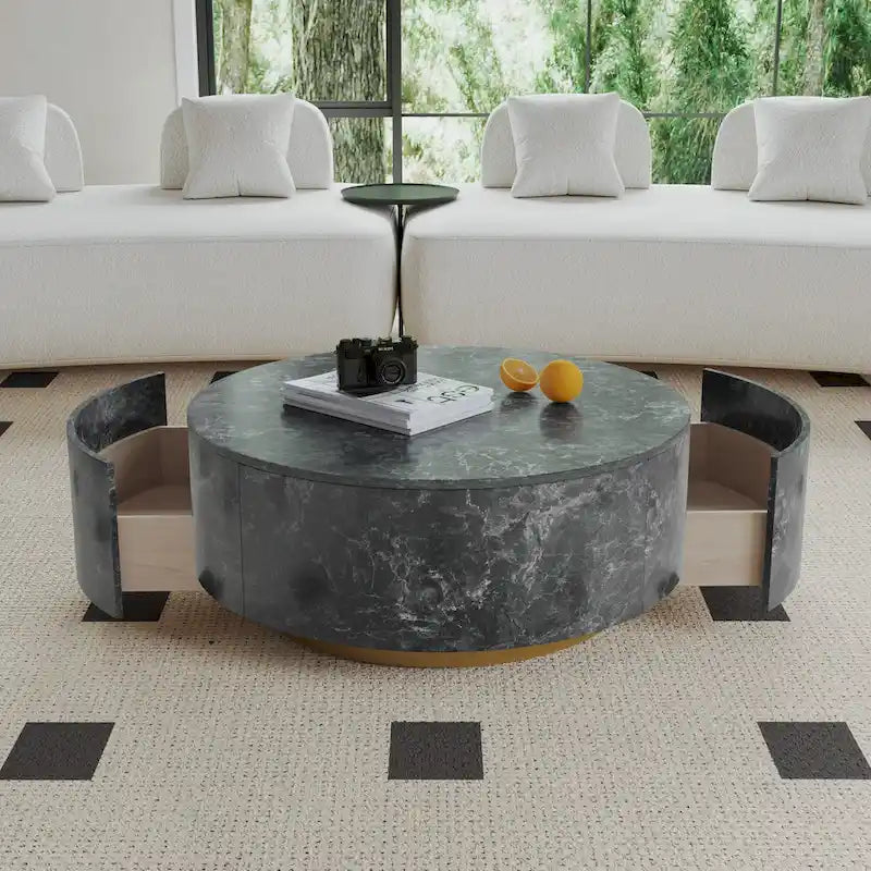 Tavolino da salotto rotondo moderno in finto marmo con 2 cassetti, completamente assemblato