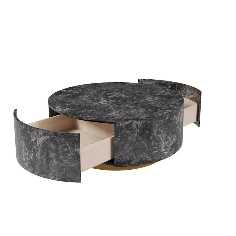 Tavolino da salotto rotondo moderno in finto marmo con 2 cassetti, completamente assemblato