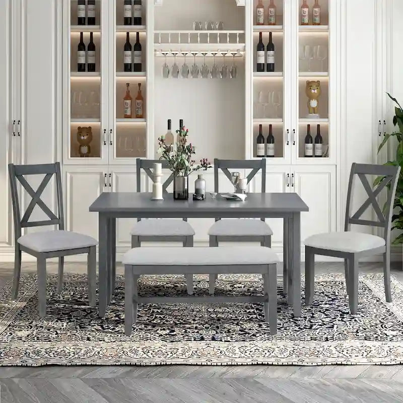 Set da Pranzo per Famiglia da 6 Pezzi in Legno Massello, Salvaspazio, Tavolo Pieghevole e 4 Sedie con Panca per Sala da Pranzo