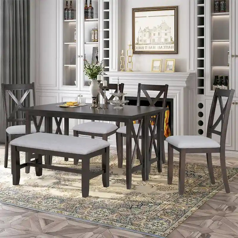 Set da Pranzo per Famiglia da 6 Pezzi in Legno Massello, Salvaspazio, Tavolo Pieghevole e 4 Sedie con Panca per Sala da Pranzo