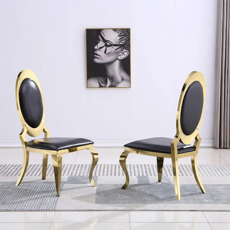 Sedie da pranzo di lusso in pelle PU nera con gambe a sciabola in oro lucidato