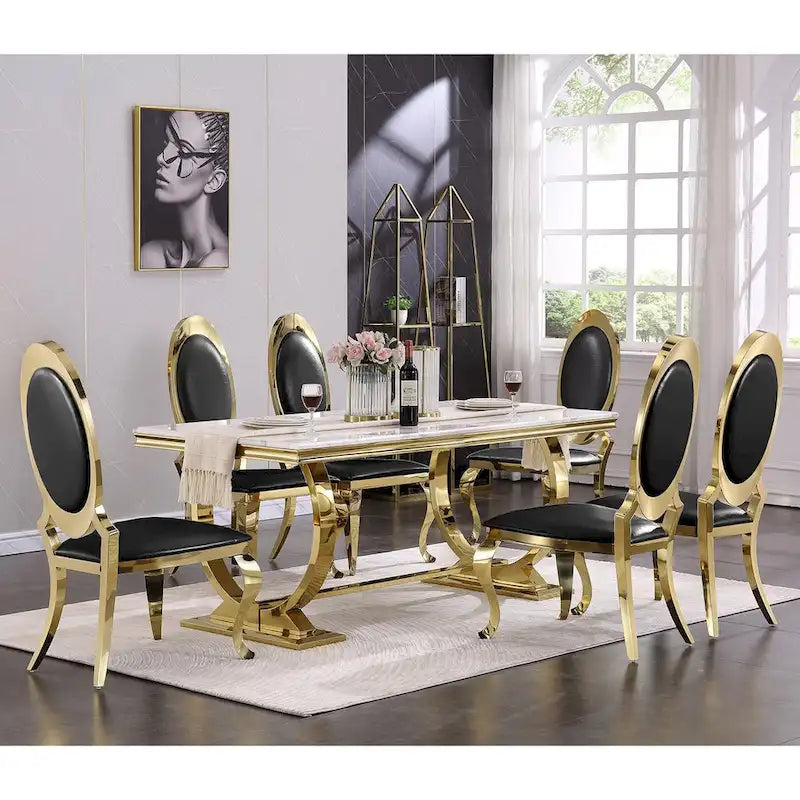 Sedie da pranzo di lusso in pelle PU nera con gambe a sciabola in oro lucidato