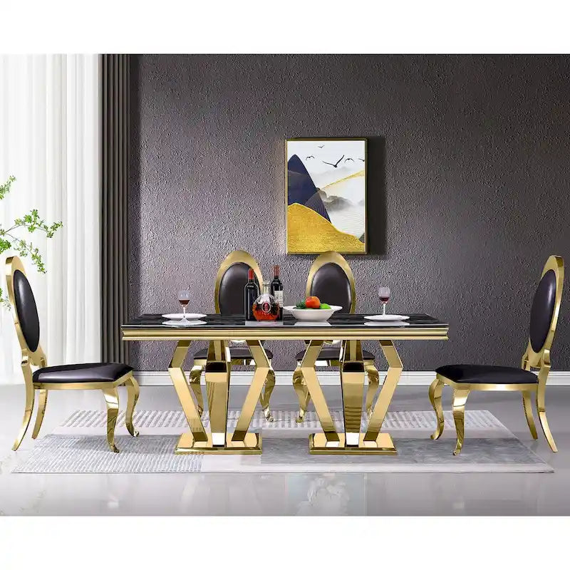 Sedie da pranzo di lusso in pelle PU nera con gambe a sciabola in oro lucidato