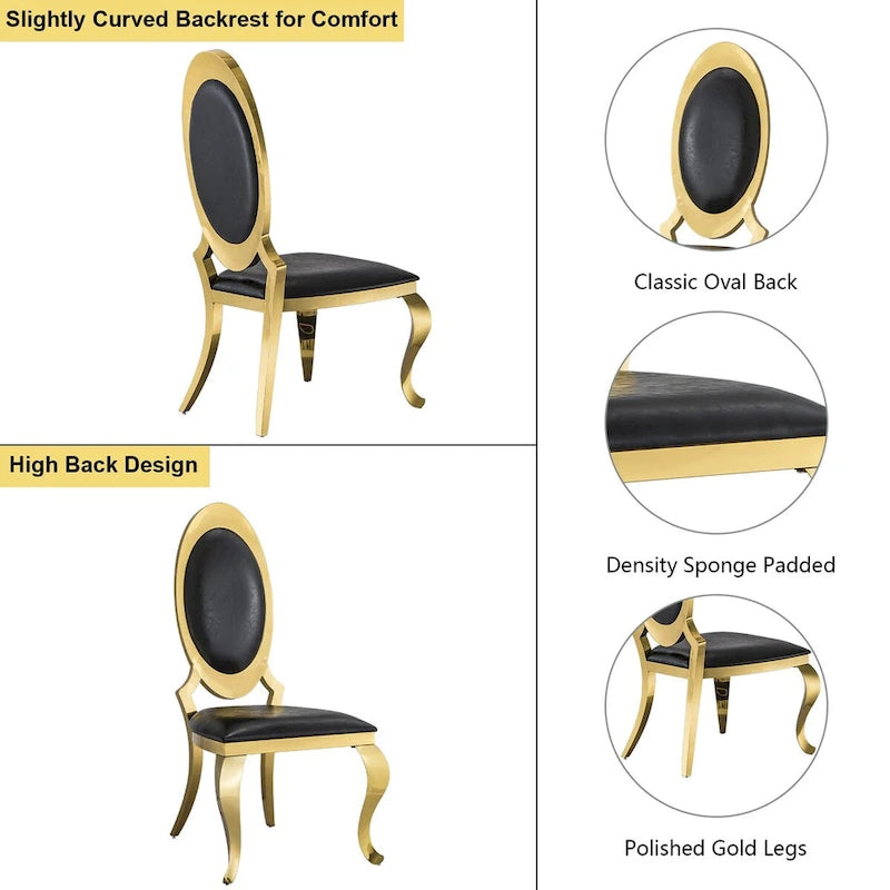 Sedie da pranzo di lusso in pelle PU nera con gambe a sciabola in oro lucidato