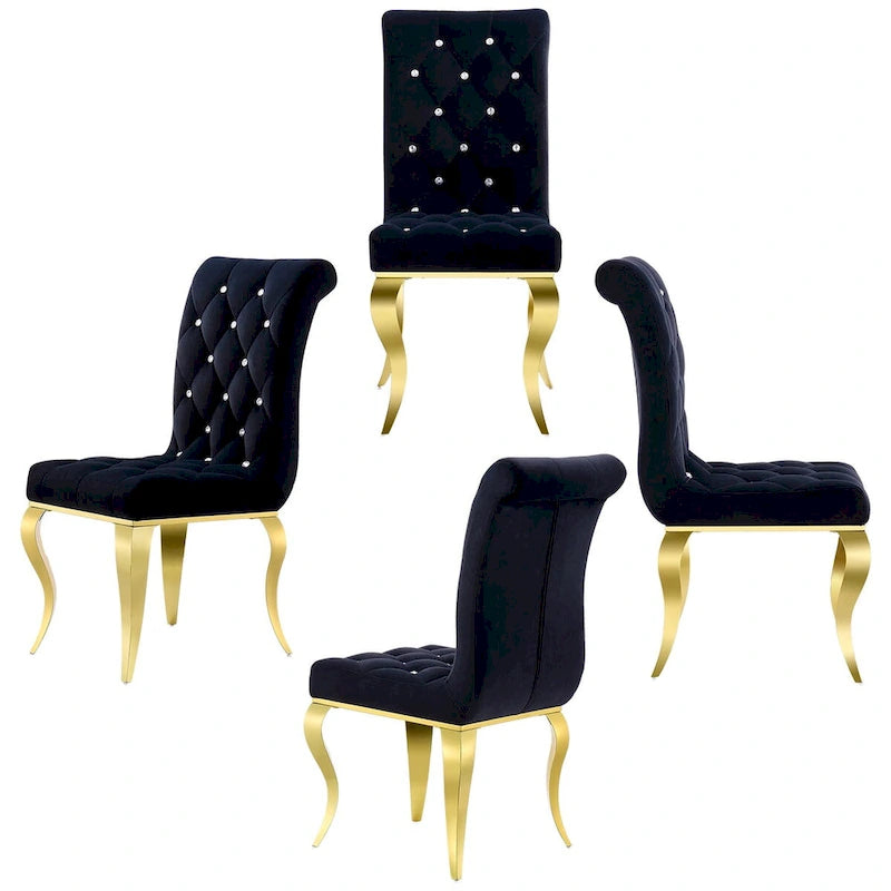 Sedie da pranzo di lusso imbottite in velluto nero con gambe in oro lucido