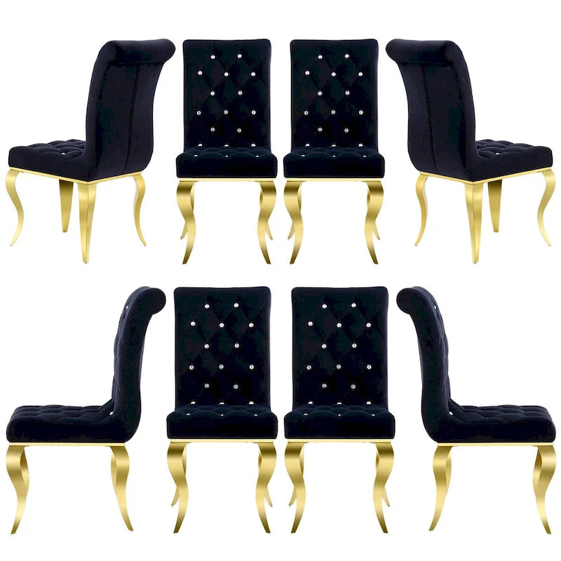 Sedie da pranzo di lusso imbottite in velluto nero con gambe in oro lucido