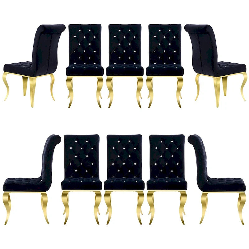 Sedie da pranzo di lusso imbottite in velluto nero con gambe in oro lucido