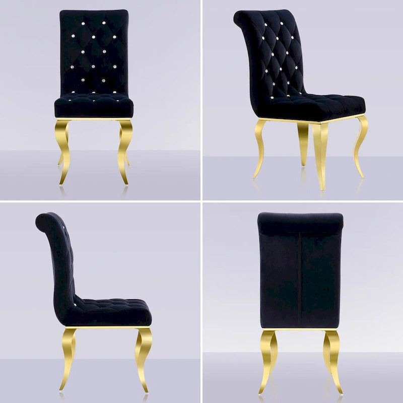 Sedie da pranzo di lusso imbottite in velluto nero con gambe in oro lucido