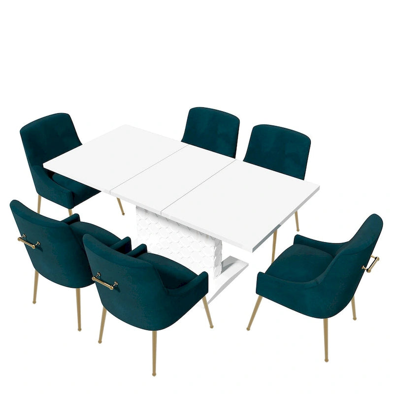 Set da pranzo Clihome da 7 pezzi con tavolo allungabile lucido e sedie in velluto