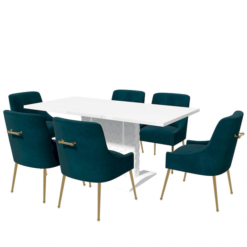 Set da pranzo Clihome da 7 pezzi con tavolo allungabile lucido e sedie in velluto