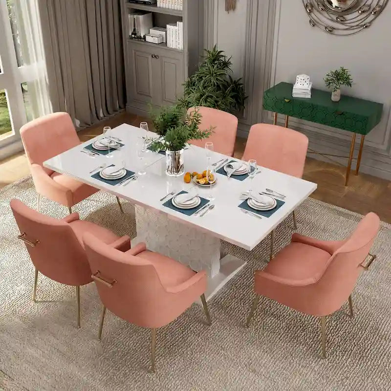 Set da pranzo Clihome da 7 pezzi con tavolo allungabile lucido e sedie in velluto