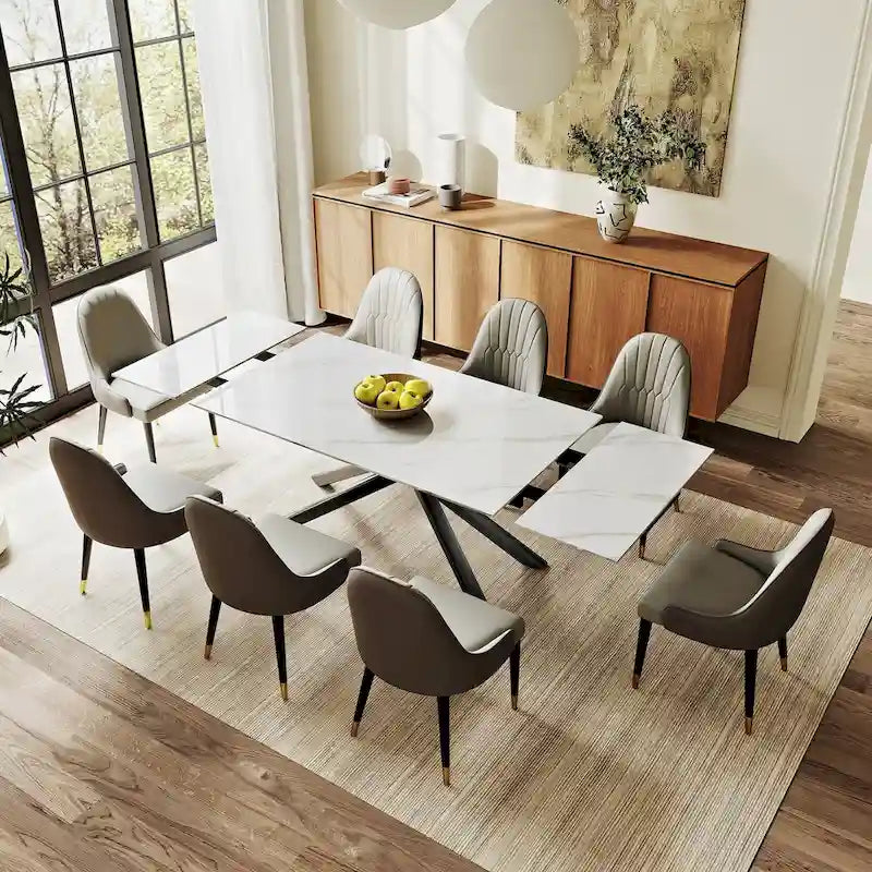 Set da pranzo rettangolare allungabile a 9 pezzi con gambe incrociate in pietra sinterizzata e 8 sedie