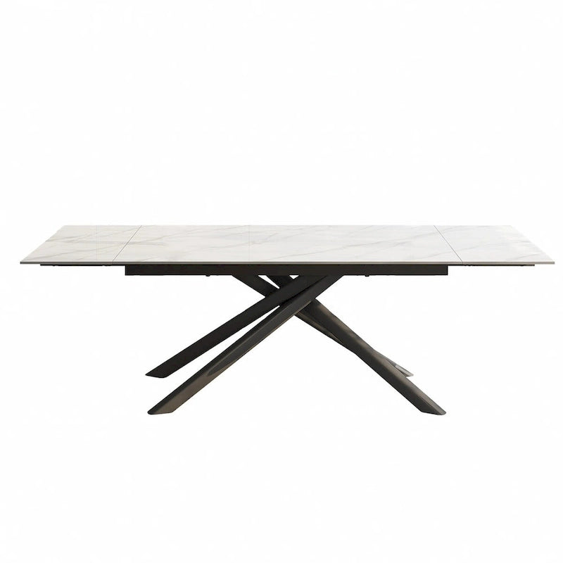 Set da pranzo rettangolare allungabile a 9 pezzi con gambe incrociate in pietra sinterizzata e 8 sedie
