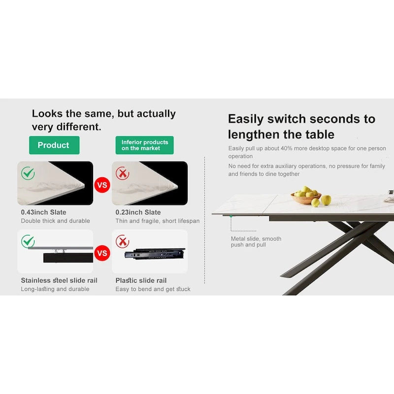 Set da pranzo rettangolare allungabile a 9 pezzi con gambe incrociate in pietra sinterizzata e 8 sedie
