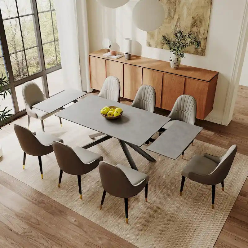 Set da pranzo rettangolare allungabile a 9 pezzi con gambe incrociate in pietra sinterizzata e 8 sedie
