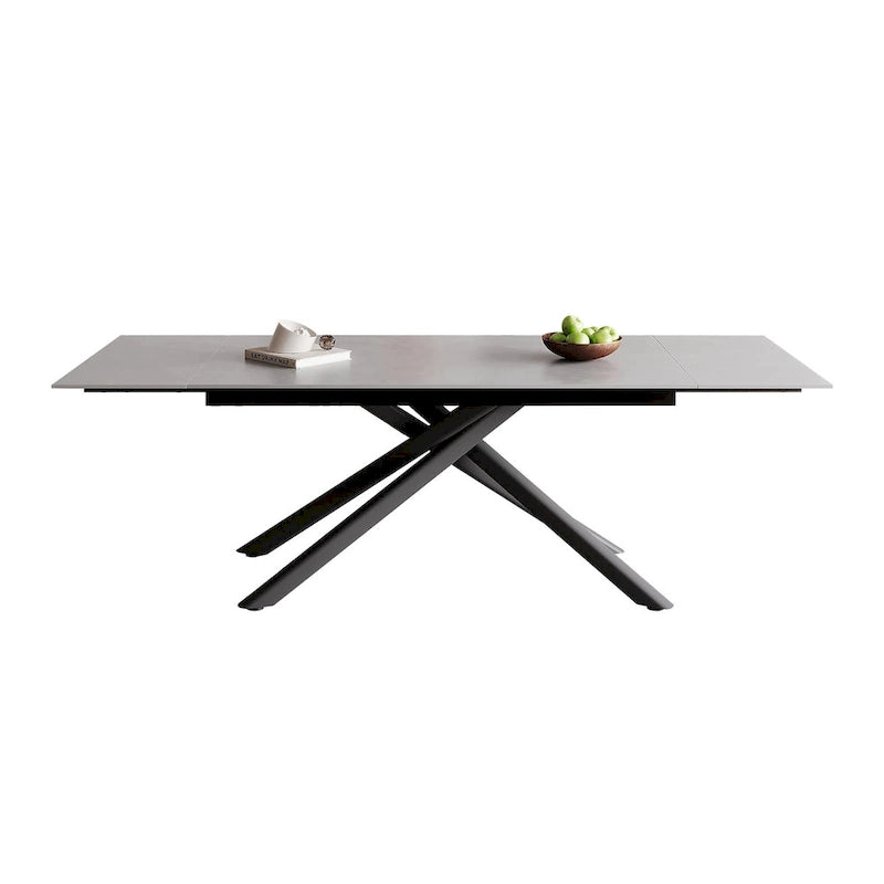 Set da pranzo rettangolare allungabile a 9 pezzi con gambe incrociate in pietra sinterizzata e 8 sedie