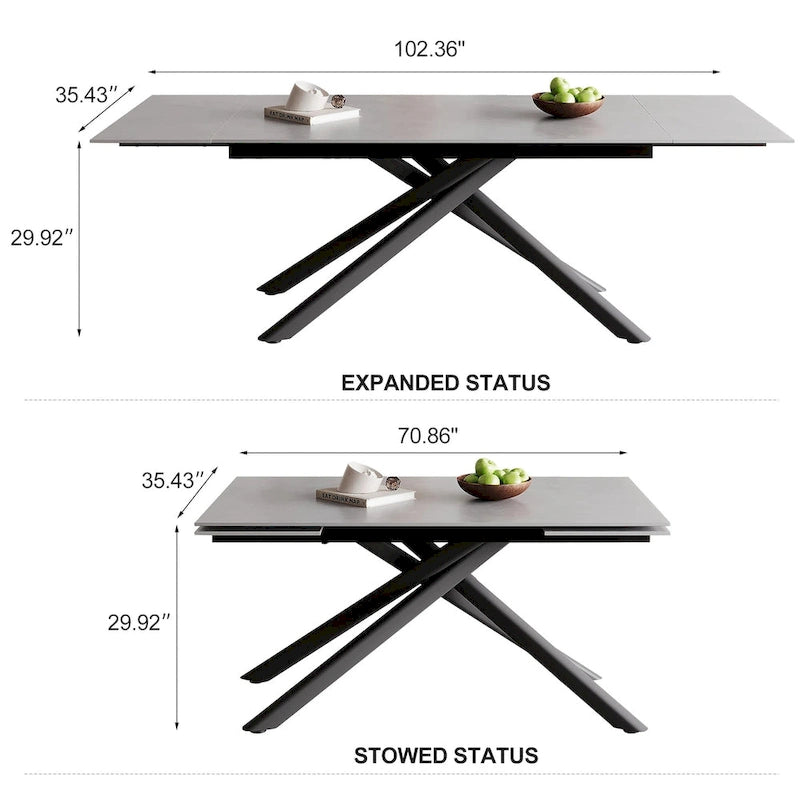Set da pranzo rettangolare allungabile a 9 pezzi con gambe incrociate in pietra sinterizzata e 8 sedie