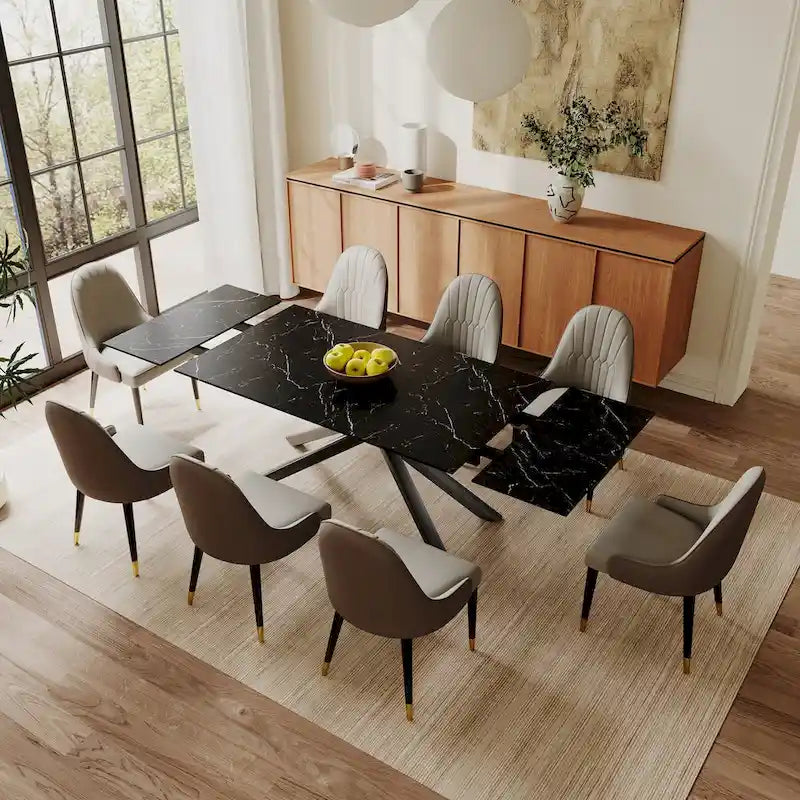 Set da pranzo rettangolare allungabile a 9 pezzi con gambe incrociate in pietra sinterizzata e 8 sedie