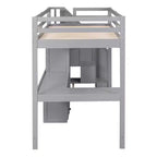 Letto a soppalco singolo con scrivania a L, 3 cassetti, armadio, contenitore per scale, struttura in pino massiccio/MDF
