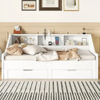 Struttura letto a giorno (daybed) da una piazza e mezza (twin) a matrimoniale (king size) con librerie integrate e due cassetti, design con ricarica