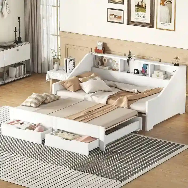 Struttura letto a giorno (daybed) da una piazza e mezza (twin) a matrimoniale (king size) con librerie integrate e due cassetti, design con ricarica