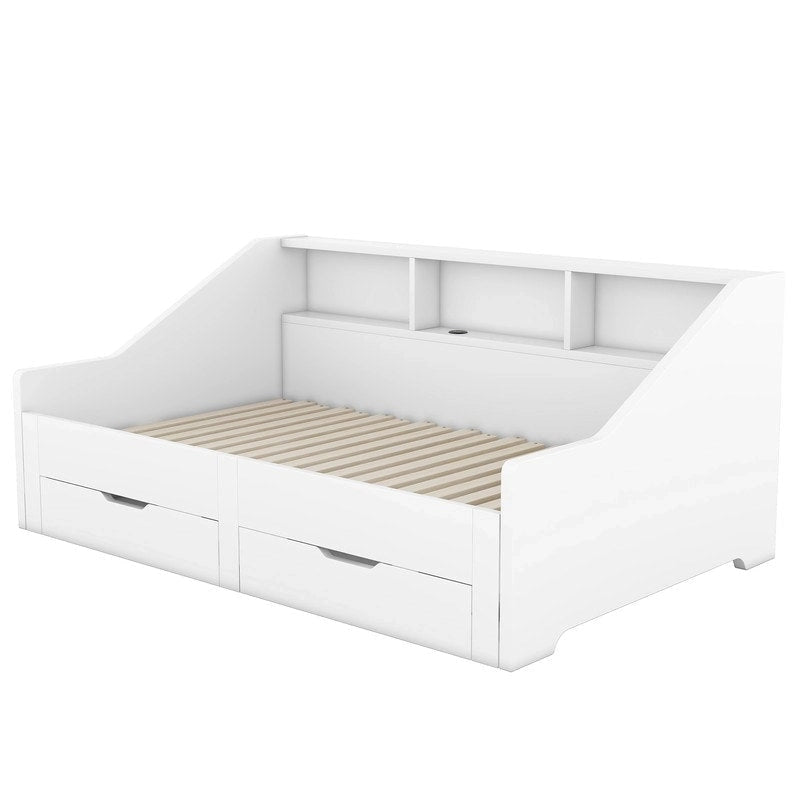 Struttura letto a giorno (daybed) da una piazza e mezza (twin) a matrimoniale (king size) con librerie integrate e due cassetti, design con ricarica