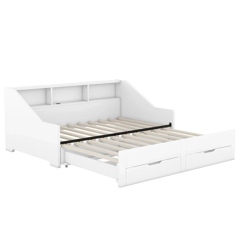 Struttura letto a giorno (daybed) da una piazza e mezza (twin) a matrimoniale (king size) con librerie integrate e due cassetti, design con ricarica
