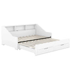 Struttura letto a giorno (daybed) da una piazza e mezza (twin) a matrimoniale (king size) con librerie integrate e due cassetti, design con ricarica