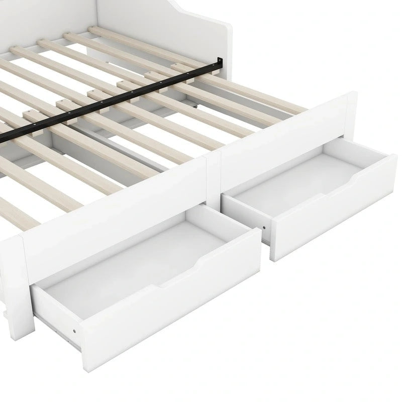 Struttura letto a giorno (daybed) da una piazza e mezza (twin) a matrimoniale (king size) con librerie integrate e due cassetti, design con ricarica