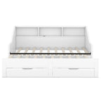 Struttura letto a giorno (daybed) da una piazza e mezza (twin) a matrimoniale (king size) con librerie integrate e due cassetti, design con ricarica