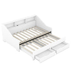 Struttura letto a giorno (daybed) da una piazza e mezza (twin) a matrimoniale (king size) con librerie integrate e due cassetti, design con ricarica