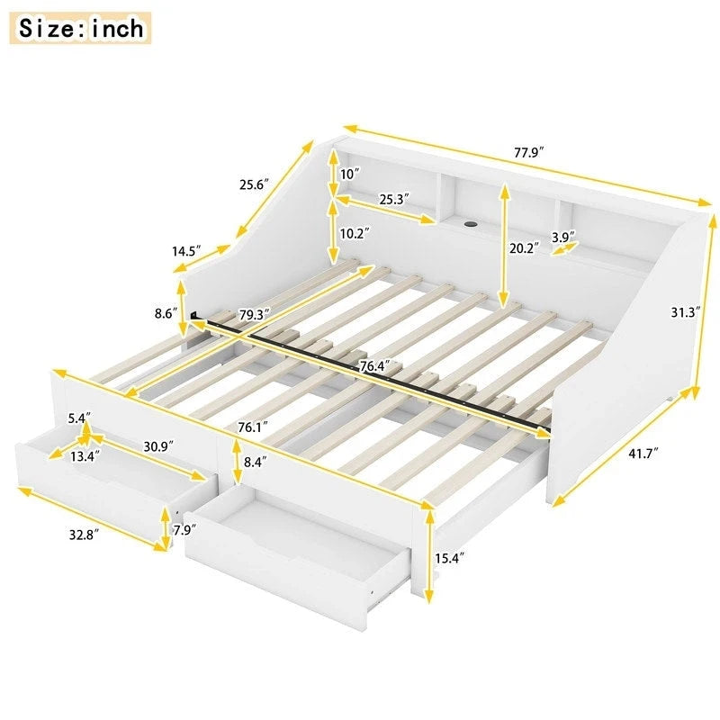 Struttura letto a giorno (daybed) da una piazza e mezza (twin) a matrimoniale (king size) con librerie integrate e due cassetti, design con ricarica