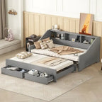 Struttura letto a giorno (daybed) da una piazza e mezza (twin) a matrimoniale (king size) con librerie integrate e due cassetti, design con ricarica