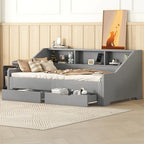 Struttura letto a giorno (daybed) da una piazza e mezza (twin) a matrimoniale (king size) con librerie integrate e due cassetti, design con ricarica