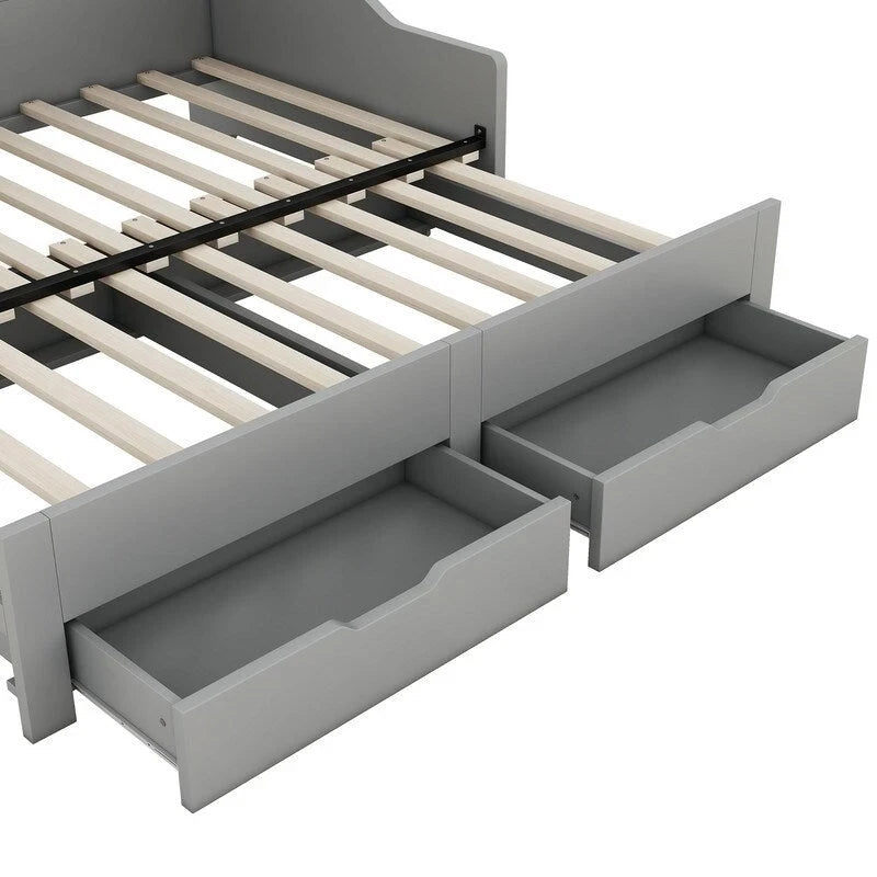 Struttura letto a giorno (daybed) da una piazza e mezza (twin) a matrimoniale (king size) con librerie integrate e due cassetti, design con ricarica